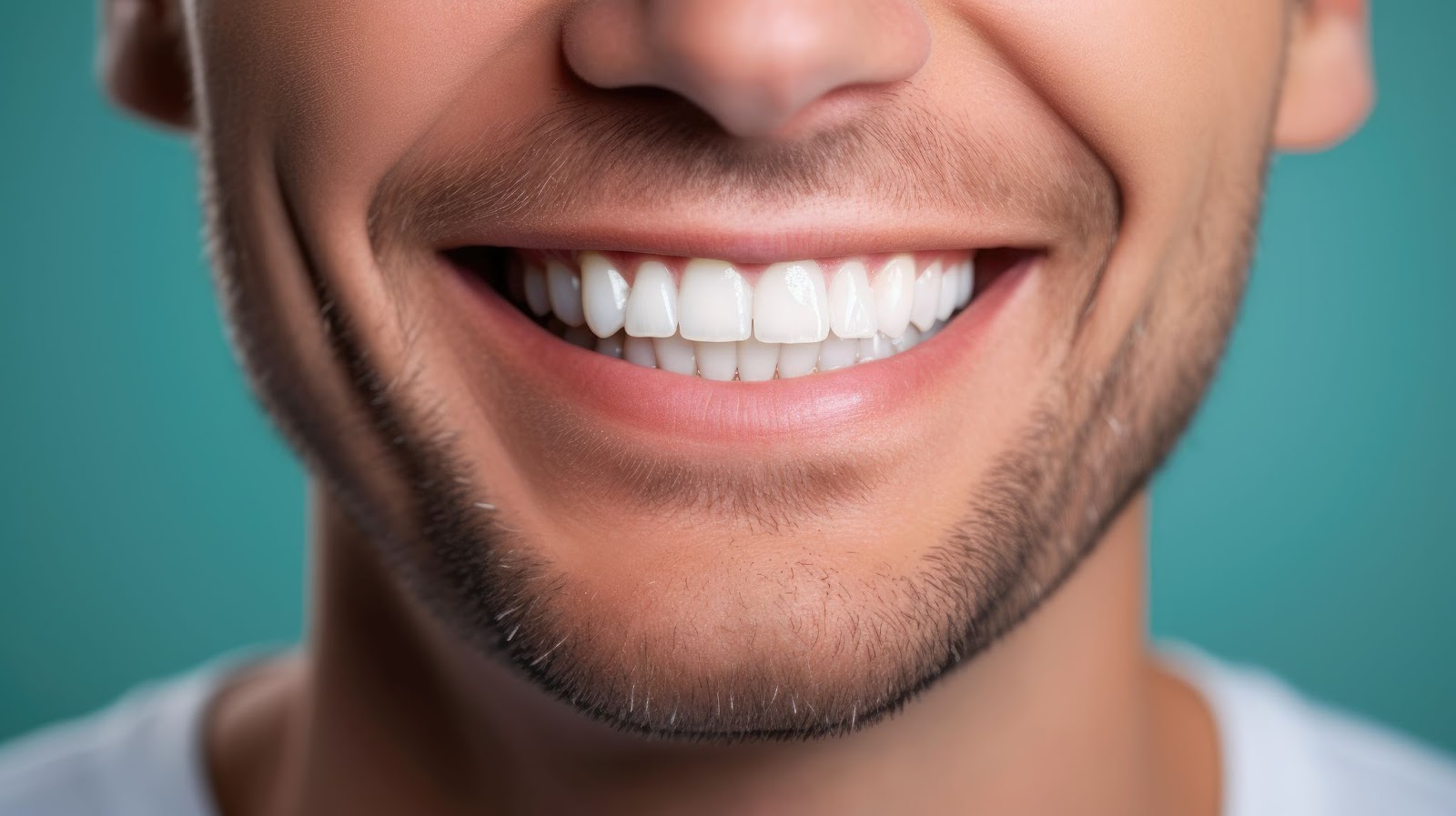 A man with straight, white teeth smiles confidently, showcasing the results of Invisalign aligners and orthodontic treatment.