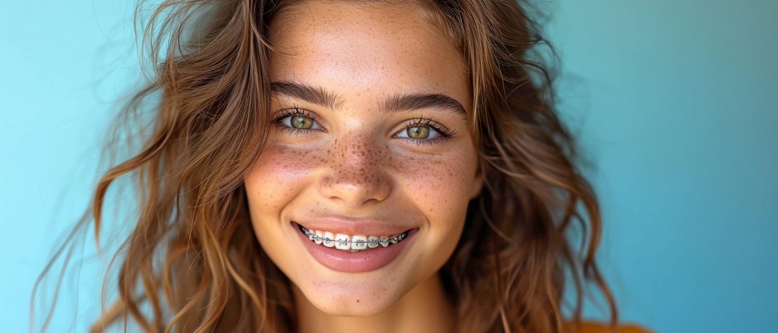 A woman with braces smiles brightly at the camera, showcasing her journey to straighter teeth with orthodontic care.