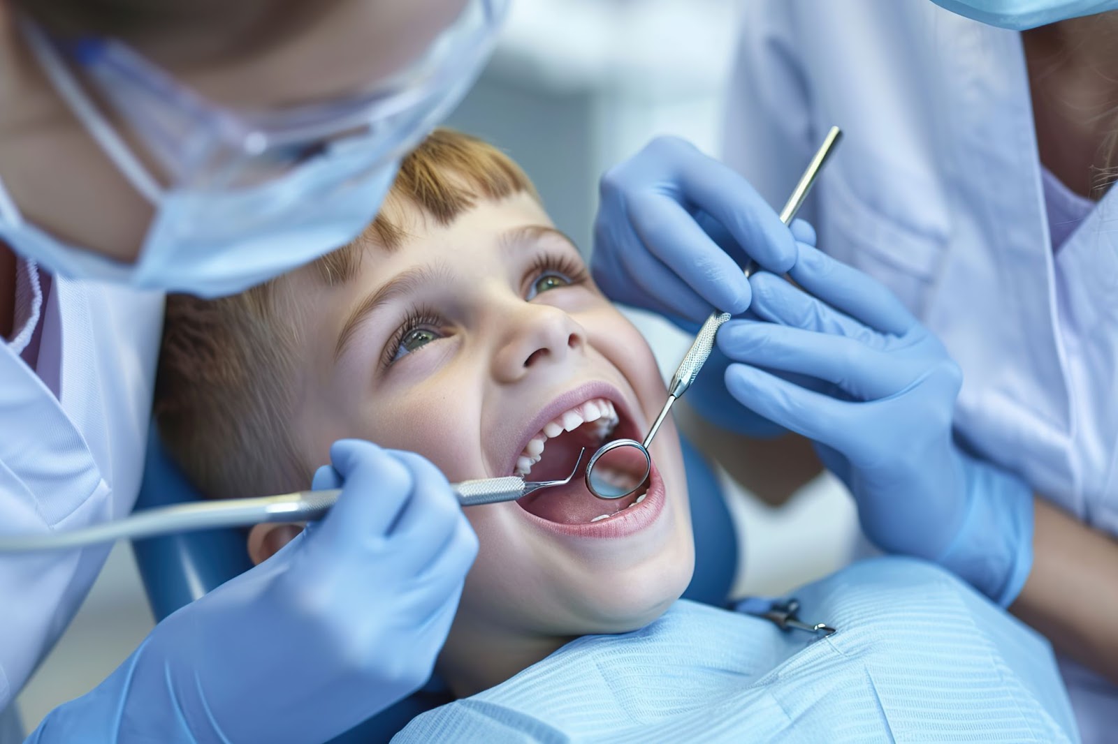 A dentist checks the teeth of a young boy in a dental office, ensuring his oral health is well-maintained