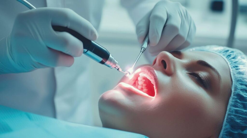 A woman sits in a dental chair as a dentist performs a teeth cleaning procedure