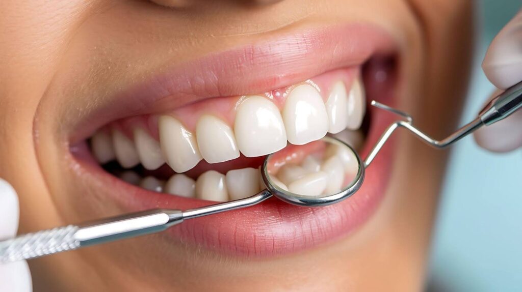 A woman examines her teeth with a dental tool, showcasing a focus on oral hygiene and dental care