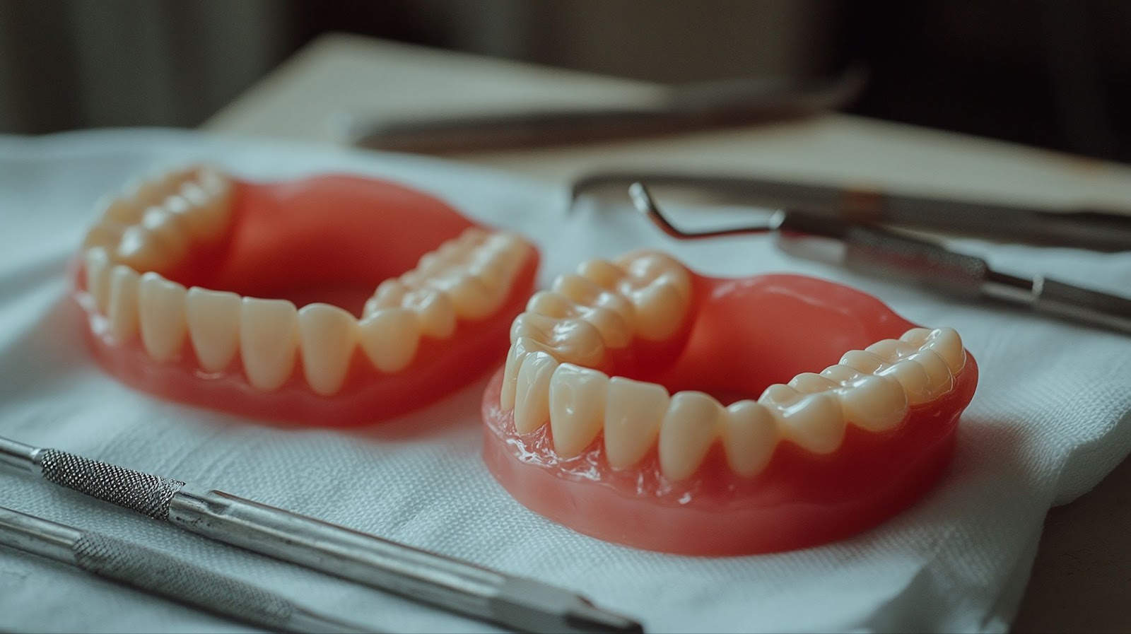 Dental implants and various tools displayed alongside dentures, partial dentures, and full dentures for dental procedures.